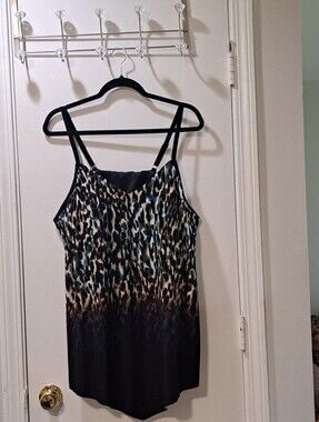 Leopard Ombre Swim Tankini Top - Black & Teal Accent